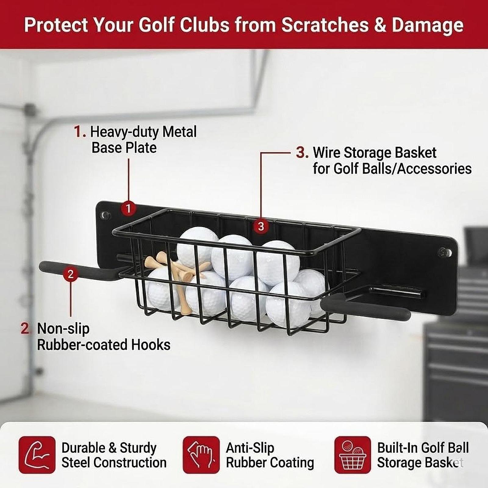 Golf Equipment Garage Storage - Platzsparender Golf-Ausrüstungs-Wandhalter Metall-Taschenhalter mit Aufbewahrungskorb Robuster