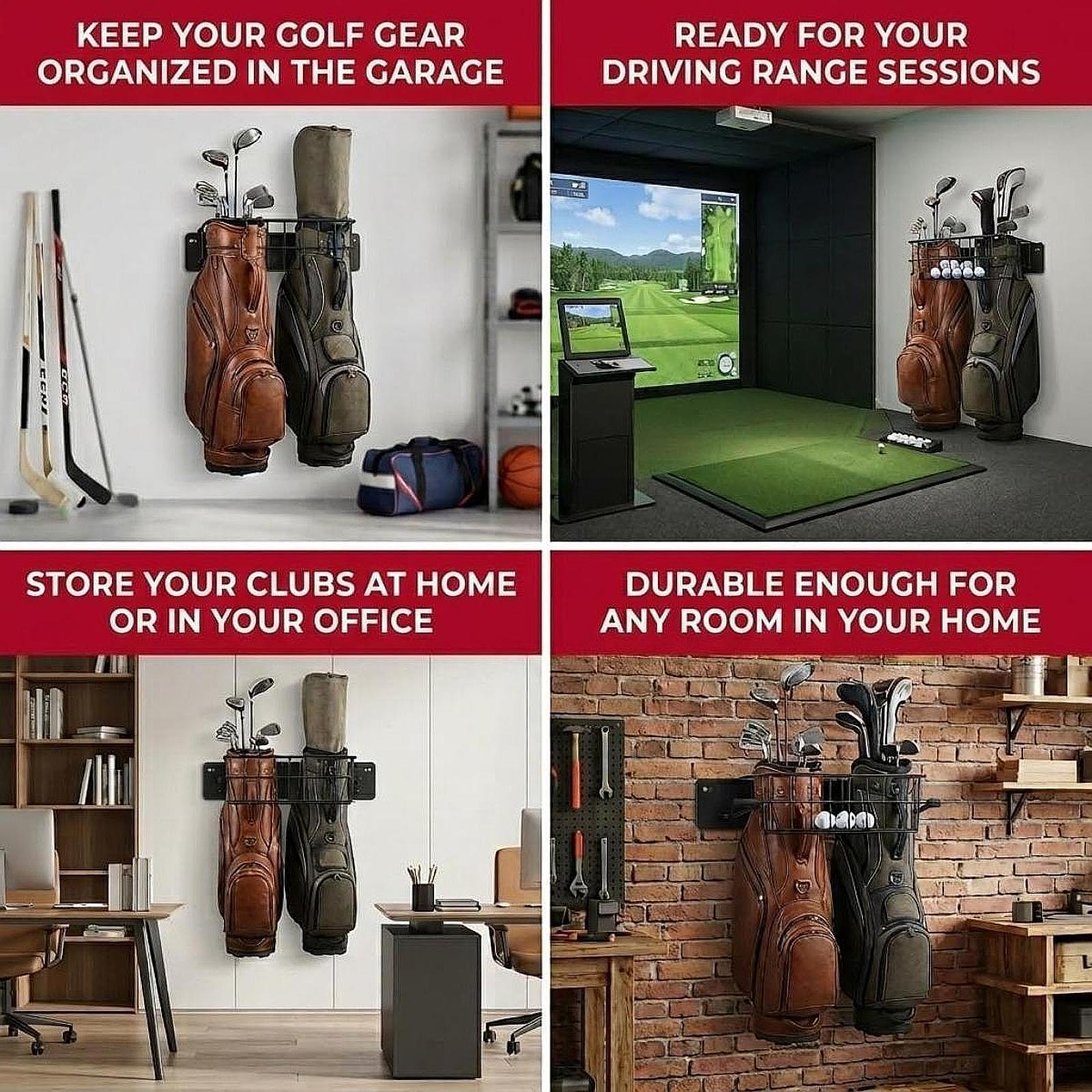 Golf Equipment Garage Storage - Golfbag-Aufbewahrungsständer Doppelhalterung mit Korb Sportausrüstungshalter für
