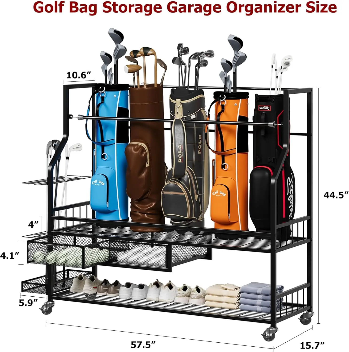 Golf Equipment Garage Storage - Multifunktionales Rollregal für Golftaschen mit Rädern,